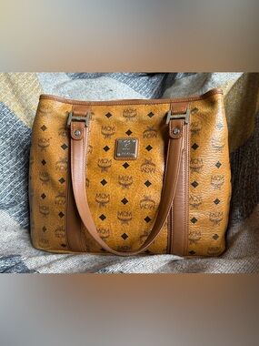 MCM Cognac Logo Visetos Shopper Tote